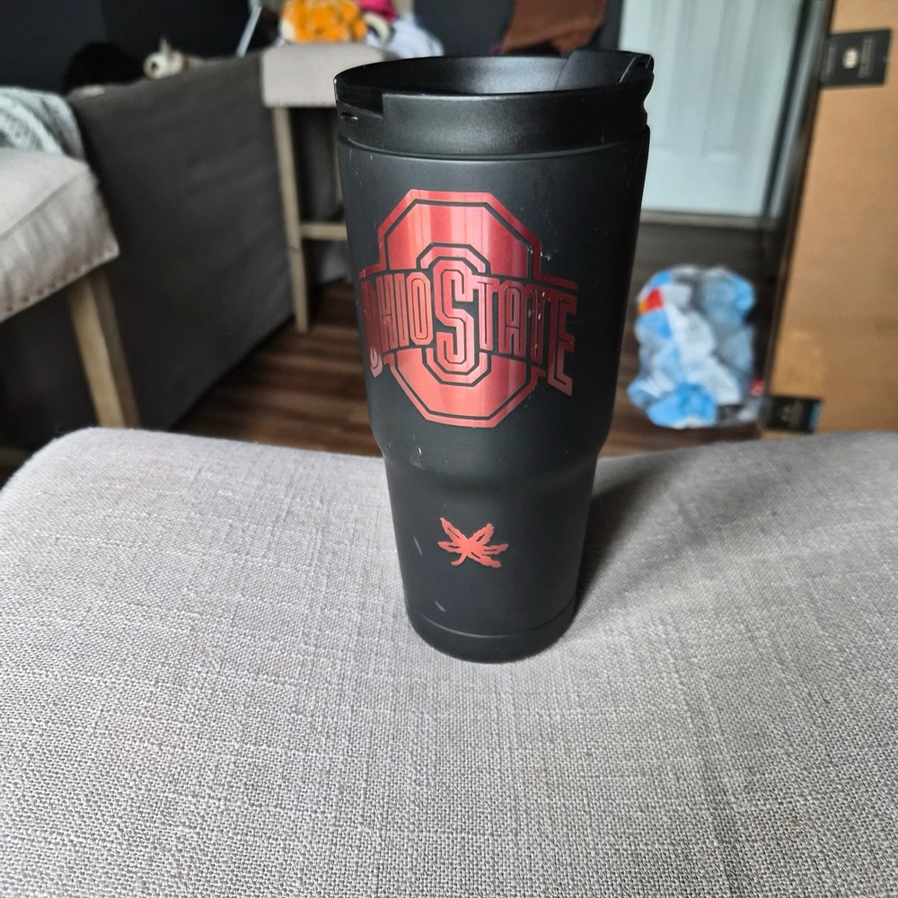 Ohio State Buckeyes KCB Matte Black Travel Tumbler Metallic Red Buckeye Leaves